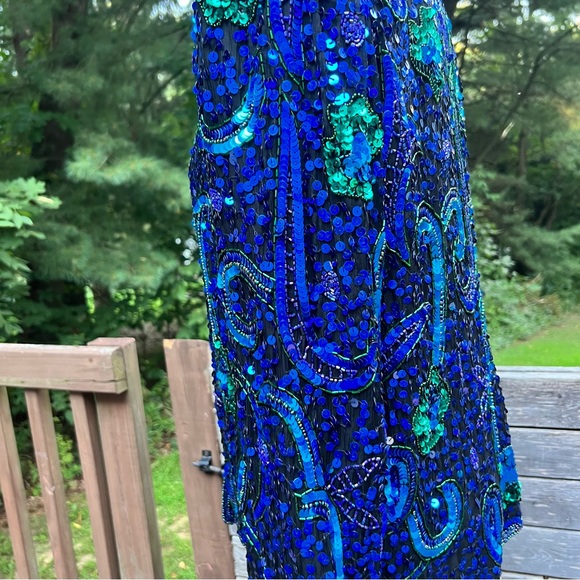 Vintage Laurence Kazar full Sequin and Beaded Blue and Green Silk Blazer Jacket - Picture 9 of 17